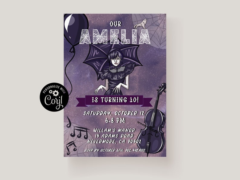 May include: Purple and white invitation with a cartoon illustration of a girl with bat wings and a cello. The text reads "Our Amelia is turning 10!" and includes details for a party on October 12th.