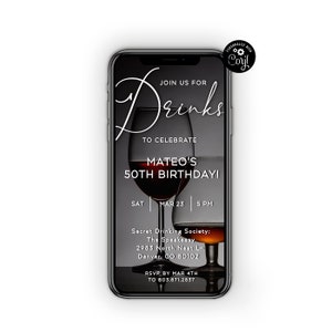 Drinks Phone Invitation Template, Electronic Invite, Iphone Invite, Text Message Invite, Modern Birthday Dinner Invite for Men, Any Event