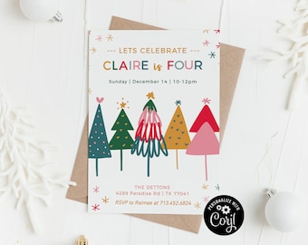 Kid's Winter Theme Birthday Party Invitation, Christmas Birthday Party Invite Template, Editable Birthday Party Invitation, Winter Trees