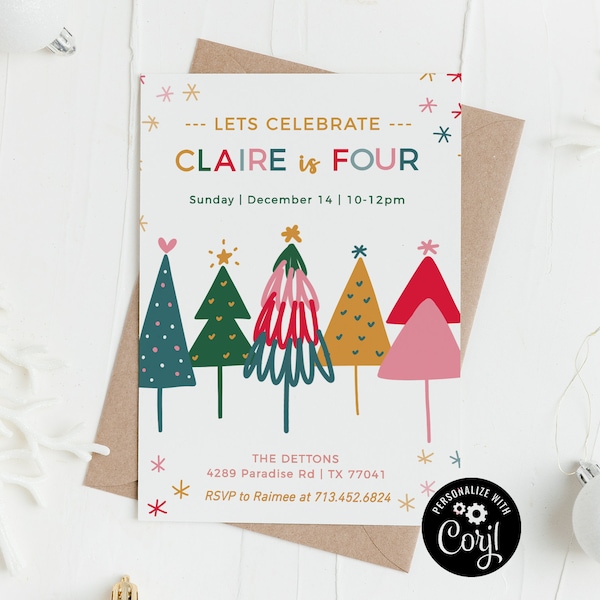 Kid's Winter Theme Birthday Party Invitation, Christmas Birthday Party Invite Template, Editable Birthday Party Invitation, Winter Trees