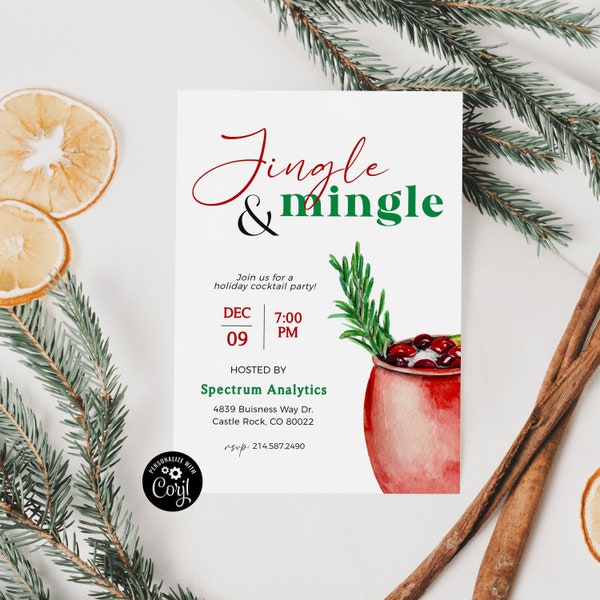 Jingle and Mingle Holiday Cocktail Party Invitation, Editable Christmas Party Template, Winter Party, Corporate Holiday Party, Work Party