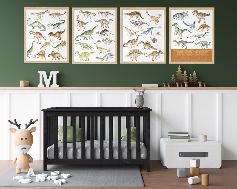 Dinosaur Print Set of 4, Kids Gallery Wall Set, Dinosaur Wall Art, Dinosaur Nursery, Boys Room Dinosaur Decor, Kids Room Wall Art, Download image 1