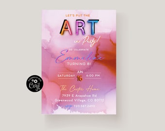 Art Birthday Party Invitation, Painting Party Invite, Kids Art Party, Kids Birthday Party Invitation Template, Color Me Mine, Paint Party