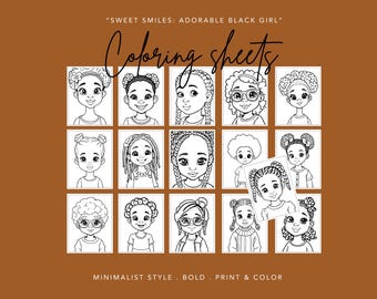 May include: A set of 12 printable coloring pages featuring black girls with different hairstyles. The pages are in a minimalist style and are ready to be printed and colored.