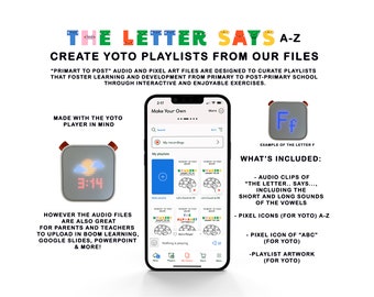 Yoto Player Playlist, The Letter Says,Educational Audio Clips, Learn Phonics,Pixel Icons for Yoto Play,Yoto Player Cards,Kids Audio Learning