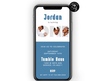 Puede incluir: Una pantalla de teléfono móvil azul y blanca que muestra una invitación de cumpleaños para el primer cumpleaños de Jordan. La invitación presenta un collage de fotos de Jordan en las letras de la palabra "UNO". La invitación incluye la fecha, la hora, la ubicación y la información de RSVP.
