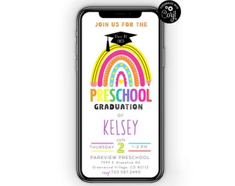 May include: A colorful rainbow with a graduation cap on top and the text "JOIN US FOR THE PRESCHOOL GRADUATION OF KELSEY JUN 2 1-3 PM PARKVIEW PRESCHOOL 7939 E Arapahoe Rd Greenwood Village, CO 80112 rsvp 720.587.2490" on a white background.