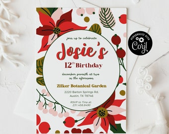 Modern Poinsettia Birthday Party Invitation, Winter Birthday Party Invitation Template, Editable Kid's Birthday Party Invitation, Invite