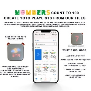 Yoto Player-afspeellijstbestanden, pixelpictogrammen voor Yoto, Yoto-spelerkaarten, Yoto Play, aangepaste Yoto MYO-kaart, audioclips, tel tot 100, audio leren