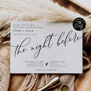 Wedding Rehearsal Dinner Template, Editable Rehearsal Invitation, Modern Rehearsal Invite, The Night Before Invitation, Download, WS3