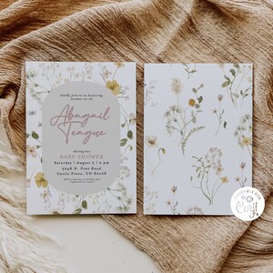 May include: A baby shower invitation featuring a floral design. The invitation is for Abagail Teague and includes the date, time, and location of the shower. The invitation is personalised with the text "PERSONALIZE WITH Coryl".