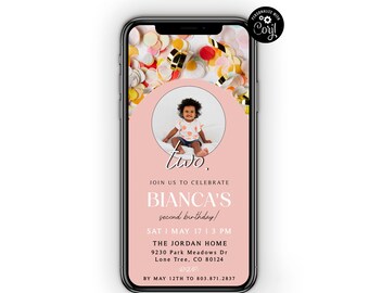May include: A pink and white digital invitation for a second birthday party. The invitation features a photo of a young child in a pink and white polka dot shirt. The text on the invitation reads "Join us to celebrate Bianca's second birthday!" and includes the date, time, and location of the party.