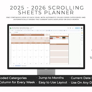2025-2026 Google Sheets Planner, Google Sheet Calendar, Google Sheets Template, Continuous Scroll Planner, Digital Planner, Spreadsheet