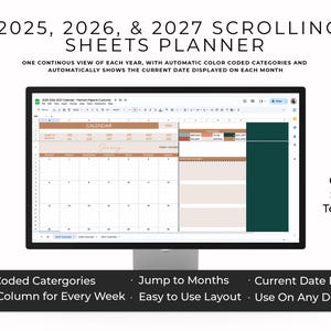 2025-2027 Google Sheets Planner, Google Sheet Calendar, Google Sheets Template, Continuous Scroll Planner, Digital Planner, Spreadsheet