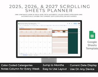2025-2027 Google Sheets Planner, Google Sheet Calendar, Google Sheets Template, Continuous Scroll Planner, Digital Planner, Spreadsheet