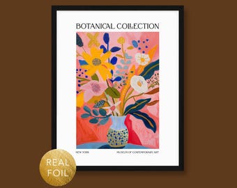 May include: A colorful painting of a bouquet of flowers in a blue and gold vase. The flowers are pink, yellow, white, and blue. The background is a pink and orange gradient. The text "Botanical Collection" is at the top of the image. The text "New York" is at the bottom left of the image. The text "Museum of Contemporary Art" is at the bottom right of the image.