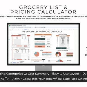 Grocery List and Pricing Calculator, Grocery Tracker, Price Calculator, Grocery Calculator, Google Sheets Tracker, Food Cost Spreadsheet