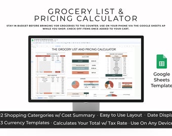 Grocery List and Pricing Calculator, Grocery Tracker, Price Calculator, Grocery Calculator, Google Sheets Tracker, Food Cost Spreadsheet