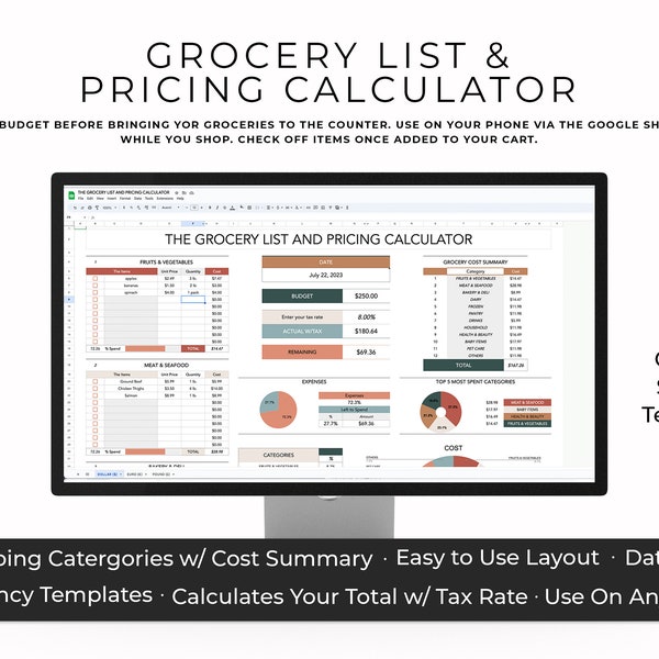 Grocery List and Pricing Calculator, Grocery Tracker, Price Calculator, Grocery Calculator, Google Sheets Tracker, Food Cost Spreadsheet