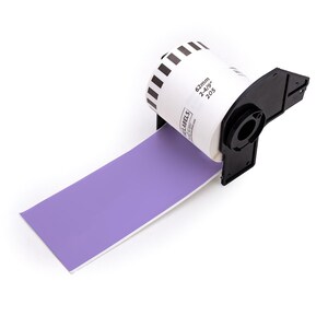 May include: A roll of white labels with black stripes and the text "62mm 2-4/9" 205" is mounted on a black plastic dispenser. The label paper is a solid lavender color. The labels are designed for printing.