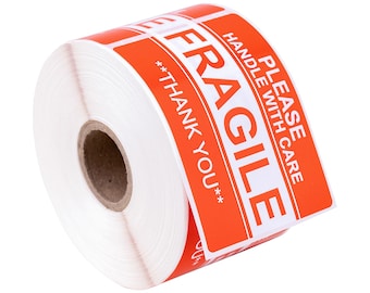 FRAGILE Please HANDLE With CARE Pre-Printed Labels / Stickers (2" x 3") - (1) Roll of 500 Labels - 2 x 3