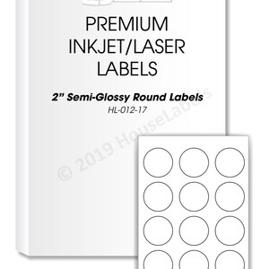 White 2” ROUND GLOSSY Labels - 12 Labels Per Sheet - For Inkjet and Laser Printers - (50) sheets (600 Labels)