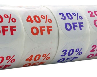 DISCOUNT Labels / Stickers "10-50% OFF" - (1) Set (5 Rolls) of 500 Labels Each - (1.5" x 1.5") - BPA Free