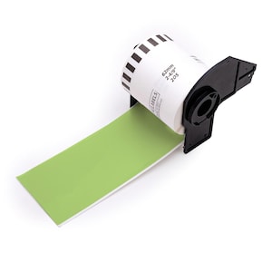 May include: A roll of green label paper is being dispensed from a black label dispenser. The label roll is 62mm wide, 2-4/19" in diameter, and has 205 labels. The label paper is a light green color.