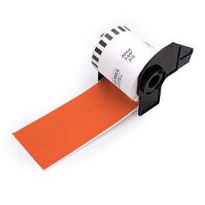 May include: A roll of orange labels in a dispenser. The label roll is 62mm wide, 2-4/19" in diameter, and has 205 labels.