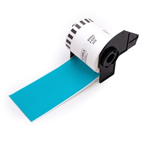 May include: A roll of white labels with black stripes and the text "62mm 2-4/9" 205" is mounted on a black plastic dispenser. A strip of bright turquoise labels is being dispensed. The labels are for general use.