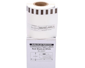 May include: A roll of red and black continuous paper labels for a Brother DK-2251 label printer. The label roll is 2-4/9 inches wide and 50 feet long. The label roll is packaged in a white box with the product information printed on it.