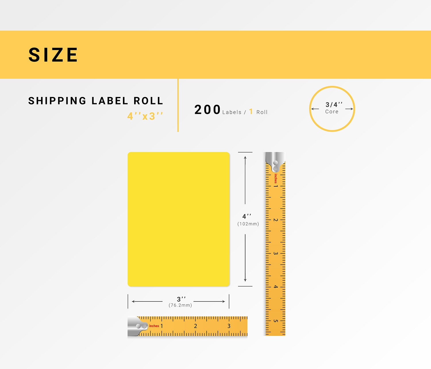 20 Rolls, 4x3 YELLOW Zebra Compatible Labels on a 3/4 CORE, Mobile