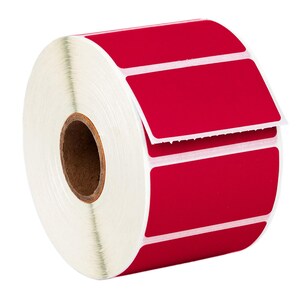 May include: A roll of red labels with white borders. The labels are rectangular and have a glossy finish.