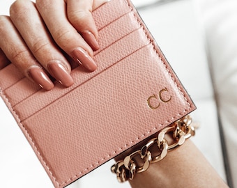 Monogrammed Pink Leather Card Holder - Slim Wallet