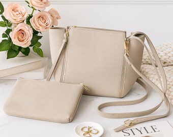 Vegan Leather Shoulder bag with pouch - Taupe