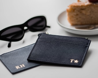Personalized Navy Leather Card Wallet with Zipper
