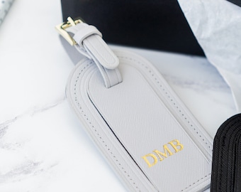 Personalized Gray Leather Luggage Tag: Monogrammed Suitcase Label