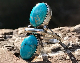 Vintage Two Stone Turquoise Ring – Sterling Silver Cabochon Ring, Size 5