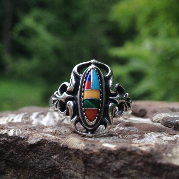 Sterling Silver Inlay Ring – Southwestern Jewelry – Inlay Jewelry – Filigree – Inlay Ring – Turquoise Ring - Hippie Ring – WhistlingGypsyVTG