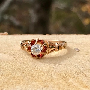 18K Antique Diamond Ring - Victorian Engagement Ring -  Old European Cut Diamond Engagement Ring - Gold Enamel Ring - WhistlingGypsyVTG