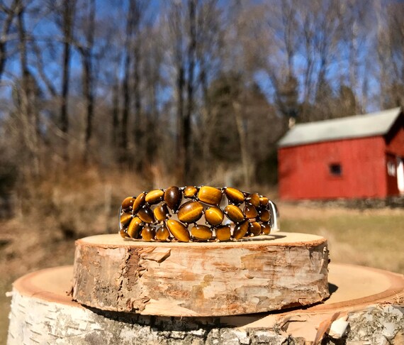 Multi Stone Tigers Eye Cuff Bracelet Sterling Sil… - image 2