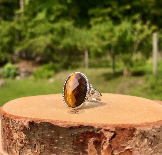 Sterling Silver Faceted Tigers Eye Citrine Ring -… - image 1