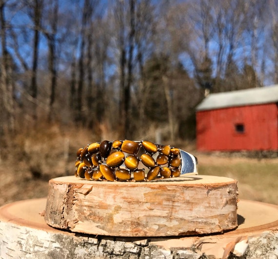 Multi Stone Tigers Eye Cuff Bracelet Sterling Sil… - image 4