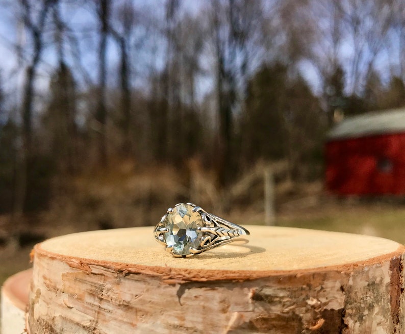 925 Oval Engagement Ring WhistlingGypsyVTG Vintage Kabana Pale Blue Topaz Filigree Ring Edwardian Style Sterling Silver Solitaire Ring