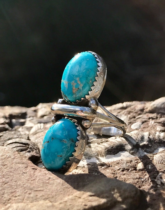 Vintage Robins Egg Blue Turquoise Ring Sterling Silver Two Stone