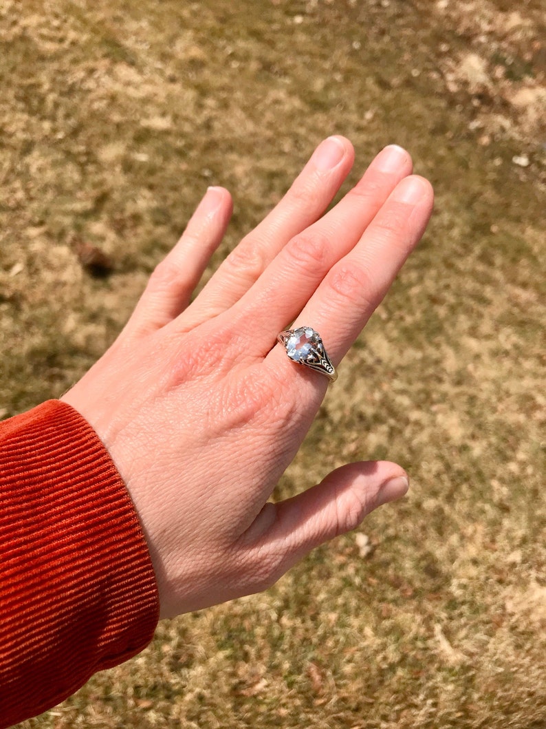 925 Oval Engagement Ring WhistlingGypsyVTG Vintage Kabana Pale Blue Topaz Filigree Ring Edwardian Style Sterling Silver Solitaire Ring