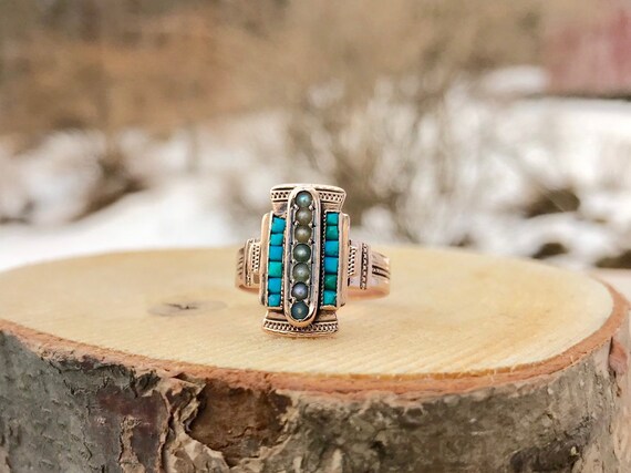 Victorian 10k Turquoise And Pearl Ring Antique Rose Gold Etsy