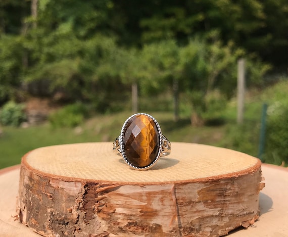 Sterling Silver Faceted Tigers Eye Citrine Ring -… - image 2