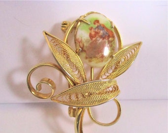 Beautiful Gold and Porcelain Brooch