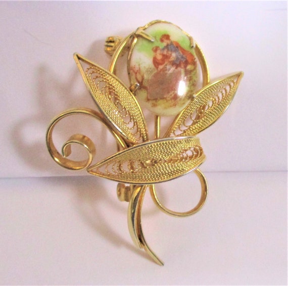Beautiful Gold and Porcelain Brooch - image 1